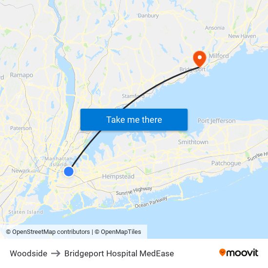 Woodside to Bridgeport Hospital MedEase map