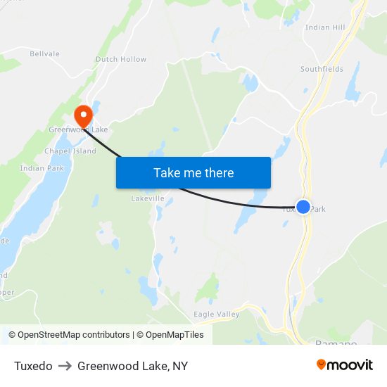 Tuxedo to Greenwood Lake, NY map