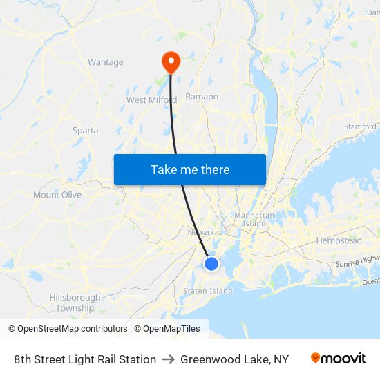 8th Street Light Rail Station to Greenwood Lake, NY map