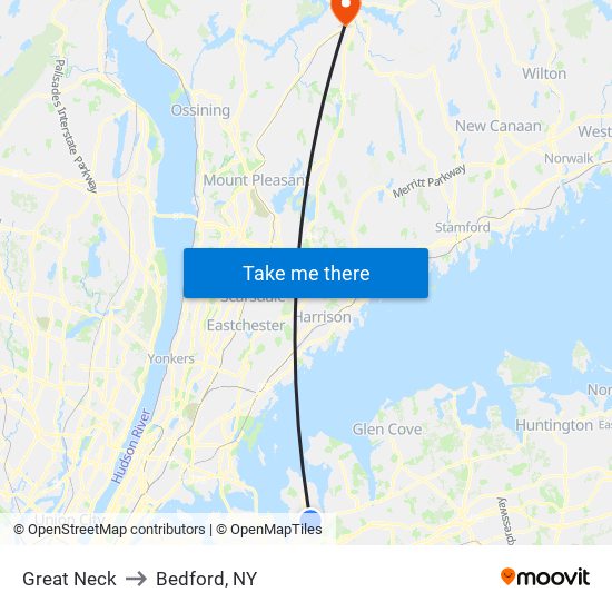 Great Neck to Bedford, NY map