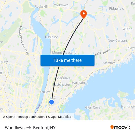 Woodlawn to Bedford, NY map