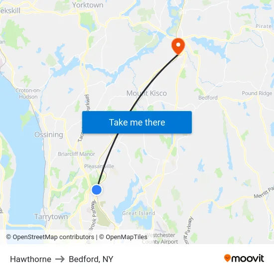 Hawthorne to Bedford, NY map