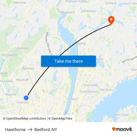 Hawthorne to Bedford, NY map