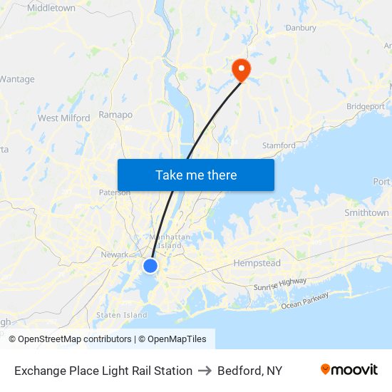 Exchange Place Light Rail Station to Bedford, NY map