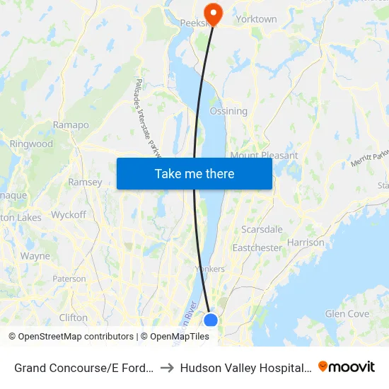 Grand Concourse/E Fordham Rd to Hudson Valley Hospital Center map