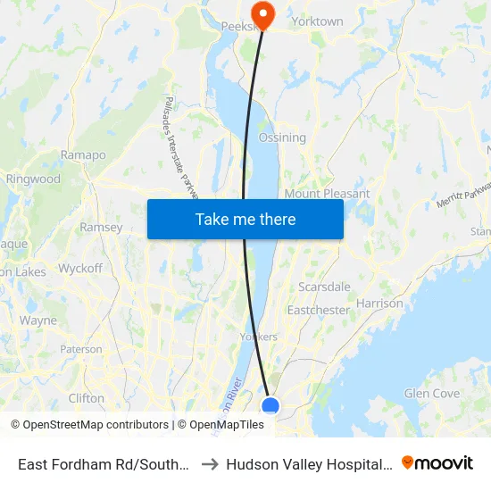 East Fordham Rd/Southern Blvd to Hudson Valley Hospital Center map