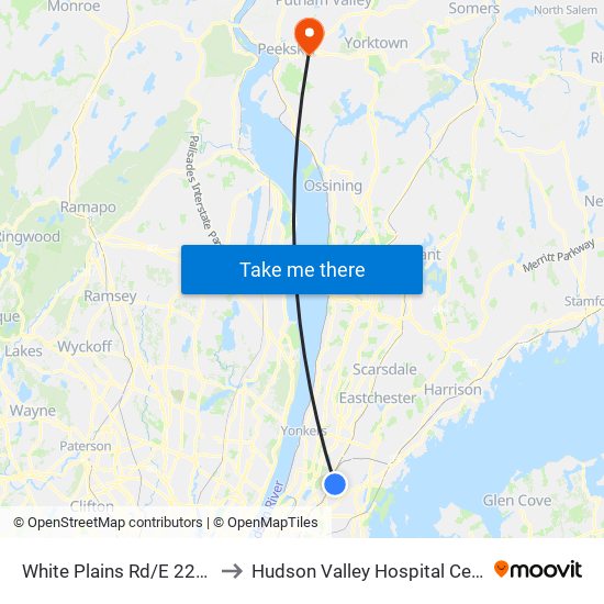 White Plains Rd/E 225 St to Hudson Valley Hospital Center map