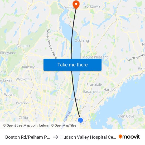 Boston Rd/Pelham Pkwy to Hudson Valley Hospital Center map