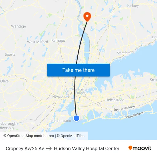 Cropsey Av/25 Av to Hudson Valley Hospital Center map