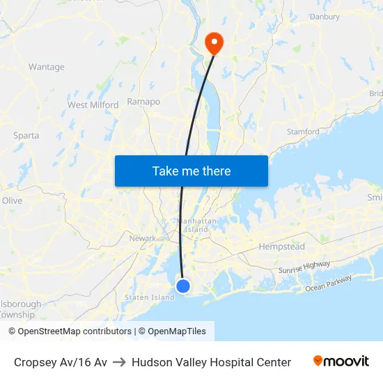 Cropsey Av/16 Av to Hudson Valley Hospital Center map