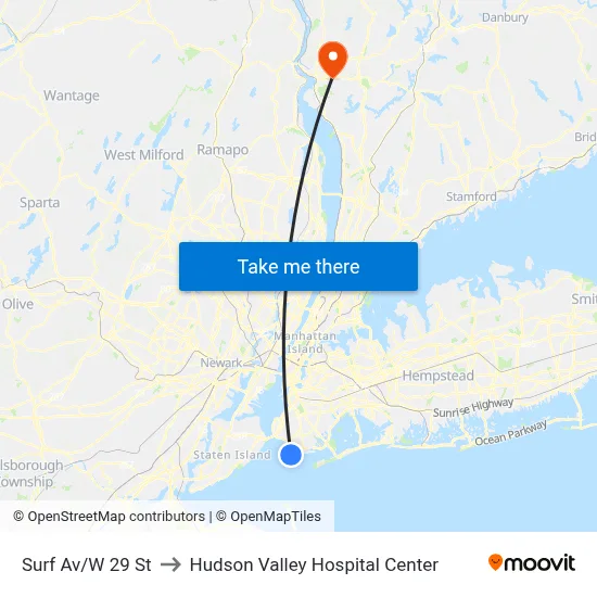 Surf Av/W 29 St to Hudson Valley Hospital Center map