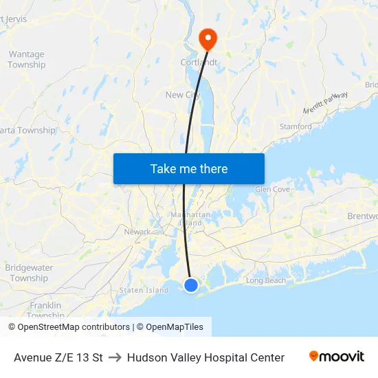 Avenue Z/E 13 St to Hudson Valley Hospital Center map