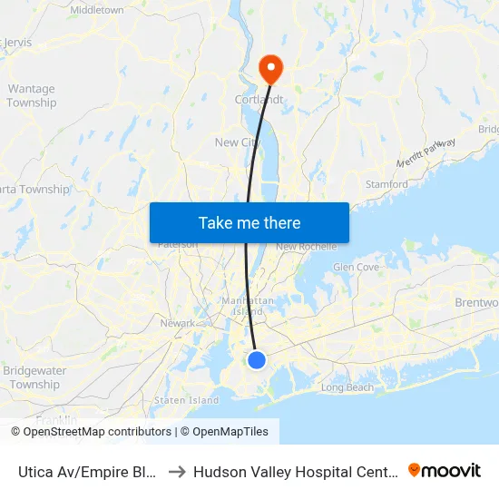Utica Av/Empire Blvd to Hudson Valley Hospital Center map