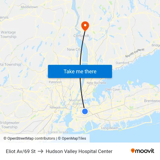 Eliot Av/69 St to Hudson Valley Hospital Center map
