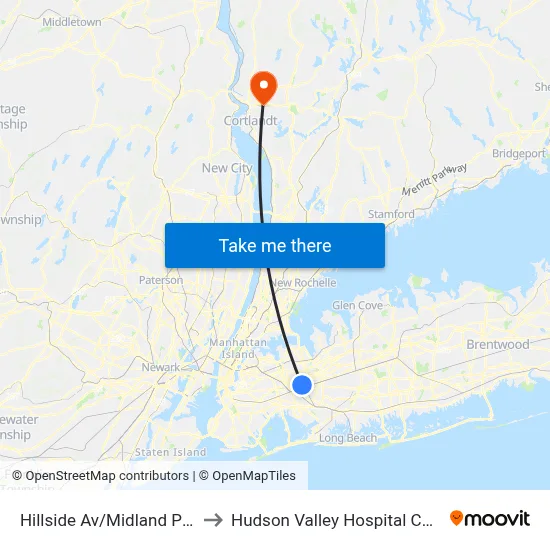 Hillside Av/Midland Pkwy to Hudson Valley Hospital Center map