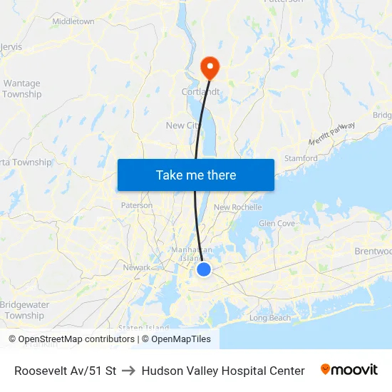 Roosevelt Av/51 St to Hudson Valley Hospital Center map