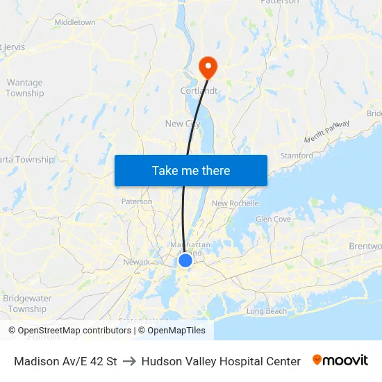 Madison Av/E 42 St to Hudson Valley Hospital Center map