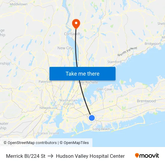 Merrick Bl/224 St to Hudson Valley Hospital Center map