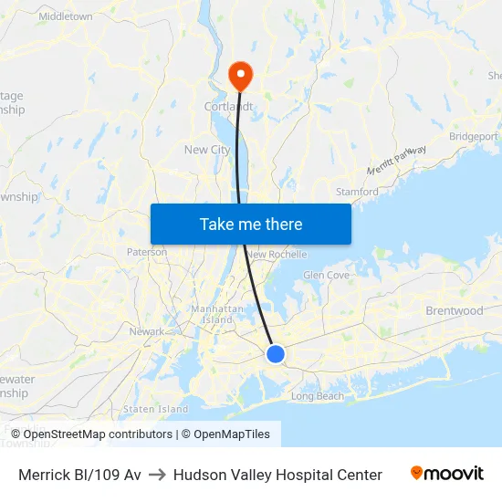 Merrick Bl/109 Av to Hudson Valley Hospital Center map