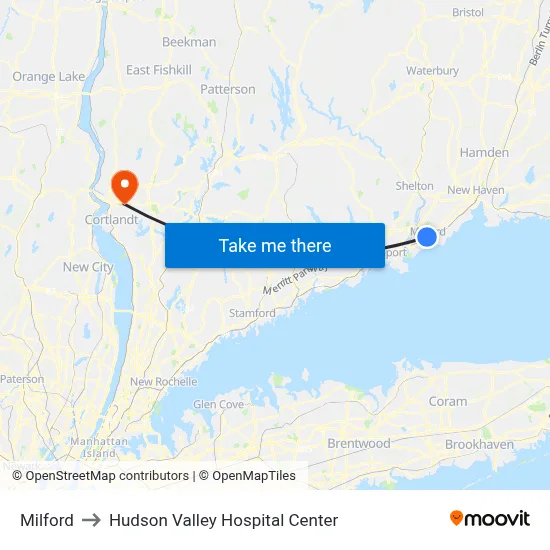 Milford to Hudson Valley Hospital Center map