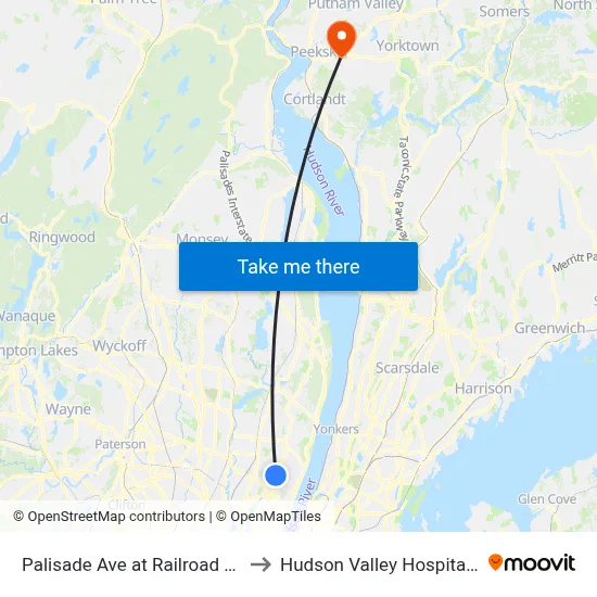 Palisade Ave at Railroad Crossing to Hudson Valley Hospital Center map