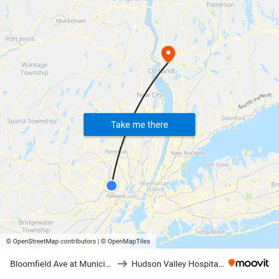 Bloomfield Ave at Municipal Plaza to Hudson Valley Hospital Center map