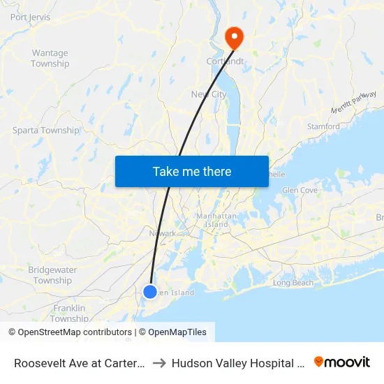 Roosevelt Ave at Carteret Ave to Hudson Valley Hospital Center map
