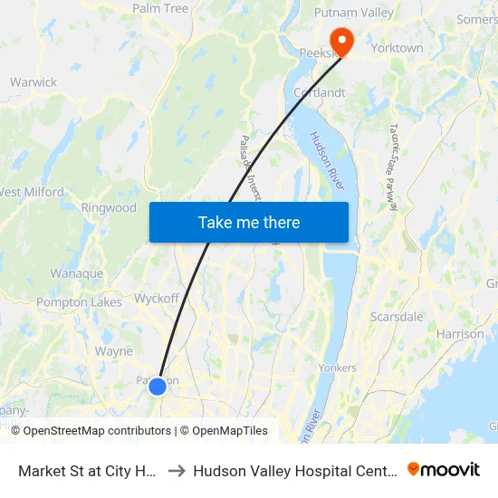 Market St at City Hall to Hudson Valley Hospital Center map