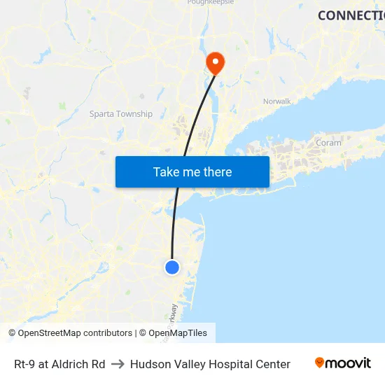 Rt-9 at Aldrich Rd to Hudson Valley Hospital Center map