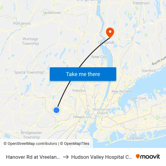 Hanover Rd at Vreeland Rd to Hudson Valley Hospital Center map