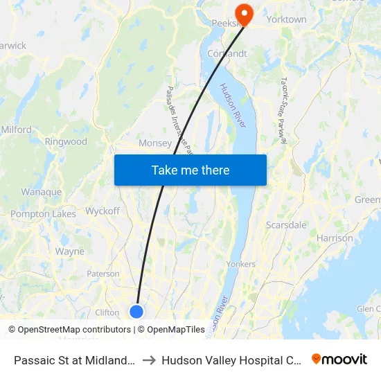 Passaic St at Midland Ave to Hudson Valley Hospital Center map