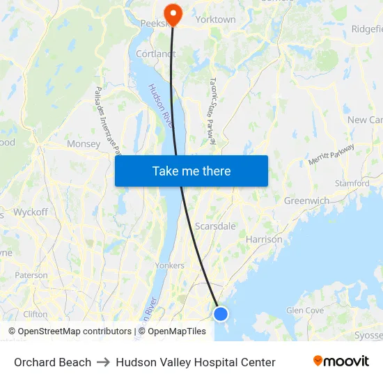 Orchard Beach to Hudson Valley Hospital Center map