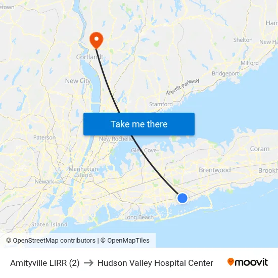 Amityville LIRR (2) to Hudson Valley Hospital Center map