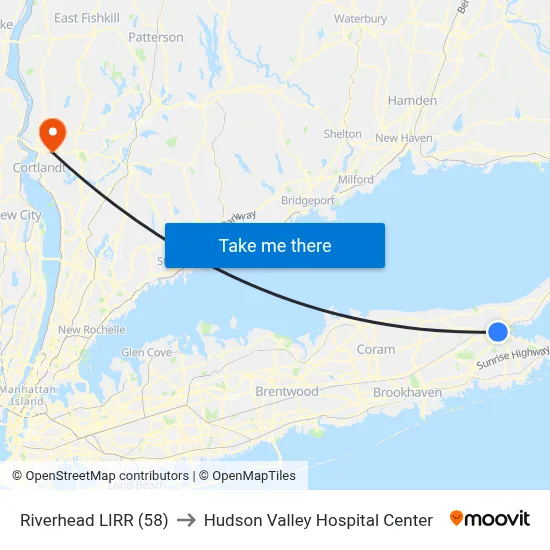 Riverhead LIRR (58) to Hudson Valley Hospital Center map