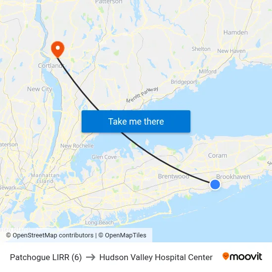 Patchogue LIRR (6) to Hudson Valley Hospital Center map