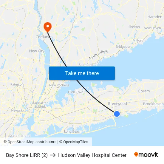 Bay Shore LIRR (2) to Hudson Valley Hospital Center map