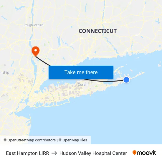 East Hampton LIRR to Hudson Valley Hospital Center map