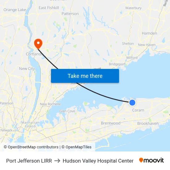 Port Jefferson LIRR to Hudson Valley Hospital Center map
