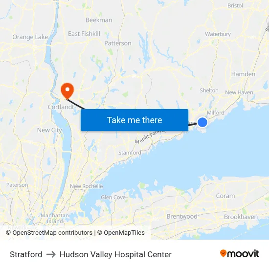 Stratford to Hudson Valley Hospital Center map