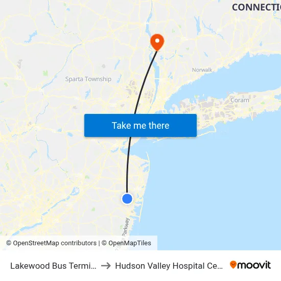 Lakewood Bus Terminal to Hudson Valley Hospital Center map