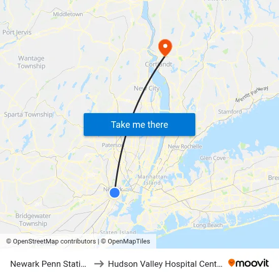 Newark Penn Station to Hudson Valley Hospital Center map