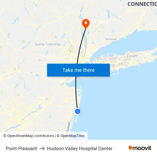 Point Pleasant to Hudson Valley Hospital Center map