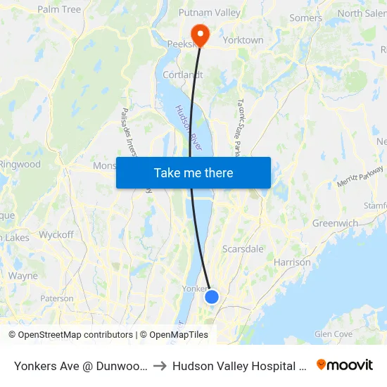 Yonkers Ave @ Dunwoodie St to Hudson Valley Hospital Center map