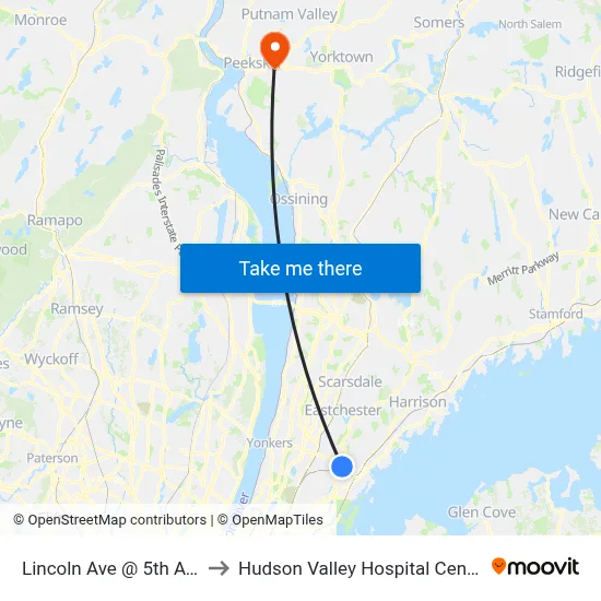 Lincoln Ave @ 5th Ave to Hudson Valley Hospital Center map