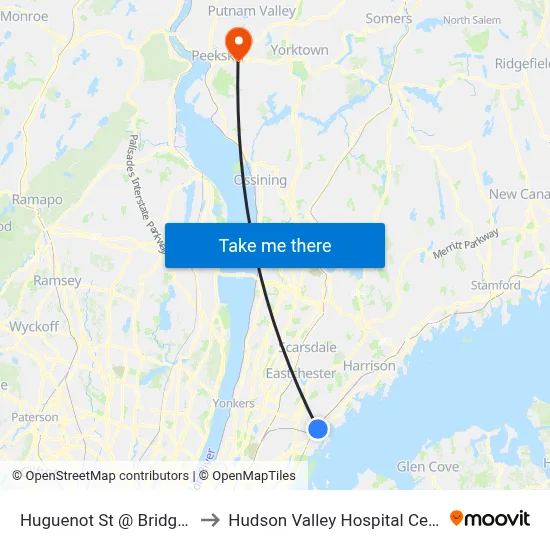 Huguenot St @ Bridge St to Hudson Valley Hospital Center map