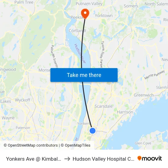 Yonkers Ave @ Kimball Ave to Hudson Valley Hospital Center map