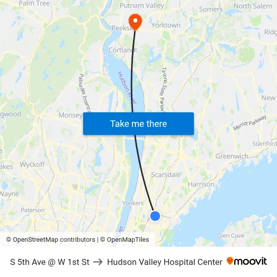 S 5th Ave @ W 1st St to Hudson Valley Hospital Center map
