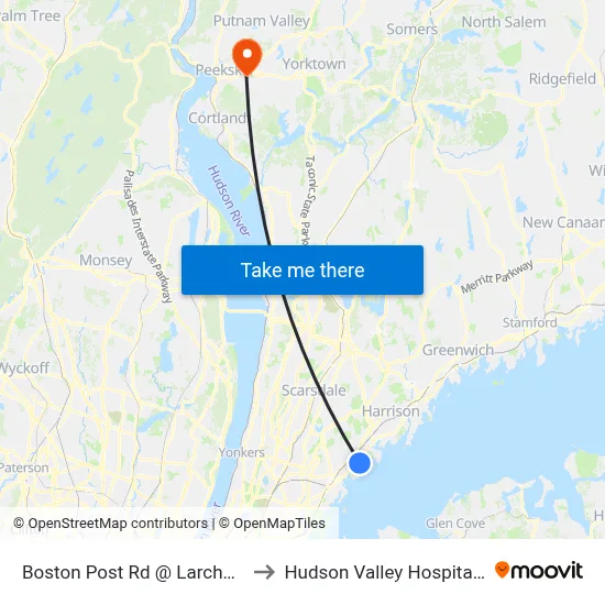 Boston Post Rd @ Larchmont Ave to Hudson Valley Hospital Center map