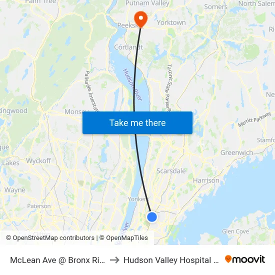 McLean Ave @ Bronx River Rd to Hudson Valley Hospital Center map