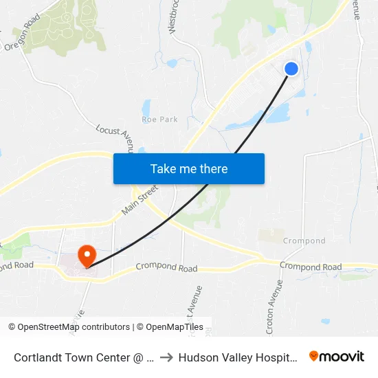 Cortlandt Town Center @ Walmart to Hudson Valley Hospital Center map